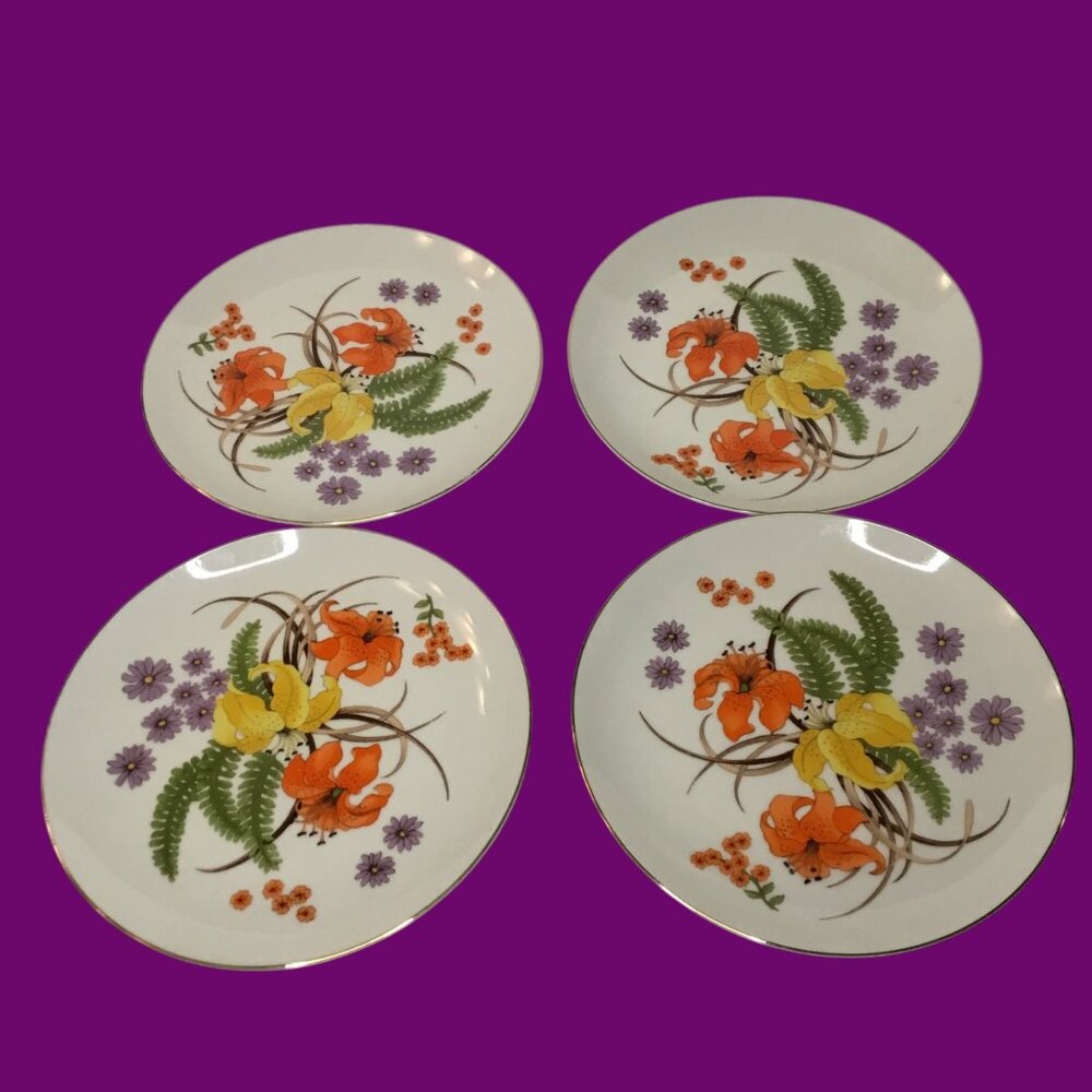Vintage Floral Bone China Dessert Plates Set Of 4 With Gold Trim